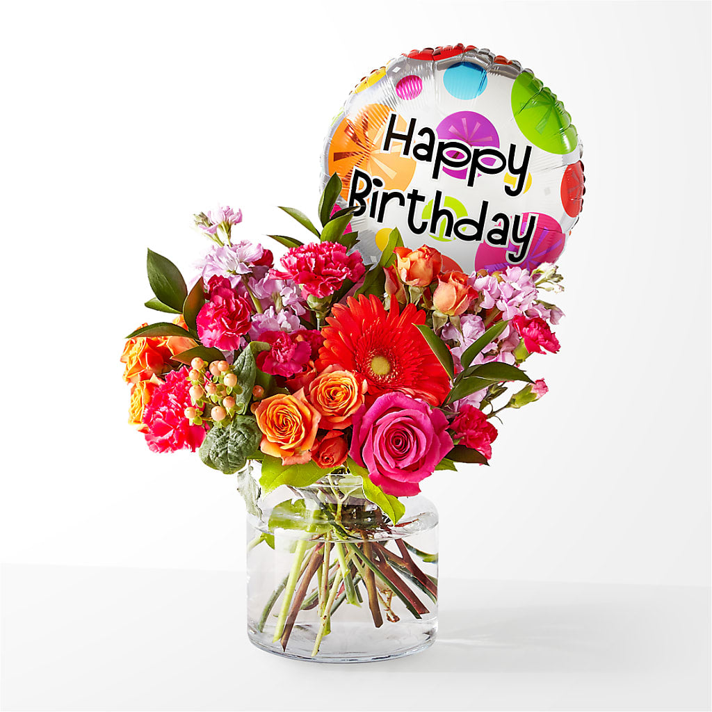 Fiesta Bouquet with Birthday Balloon – Grand Flowers/irish Rose, Novi MI