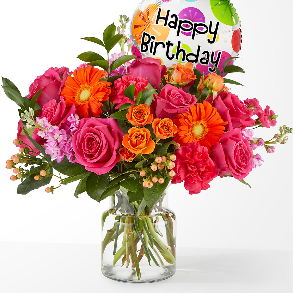 Fiesta Bouquet with Birthday Balloon – Grand Flowers/irish Rose, Novi MI
