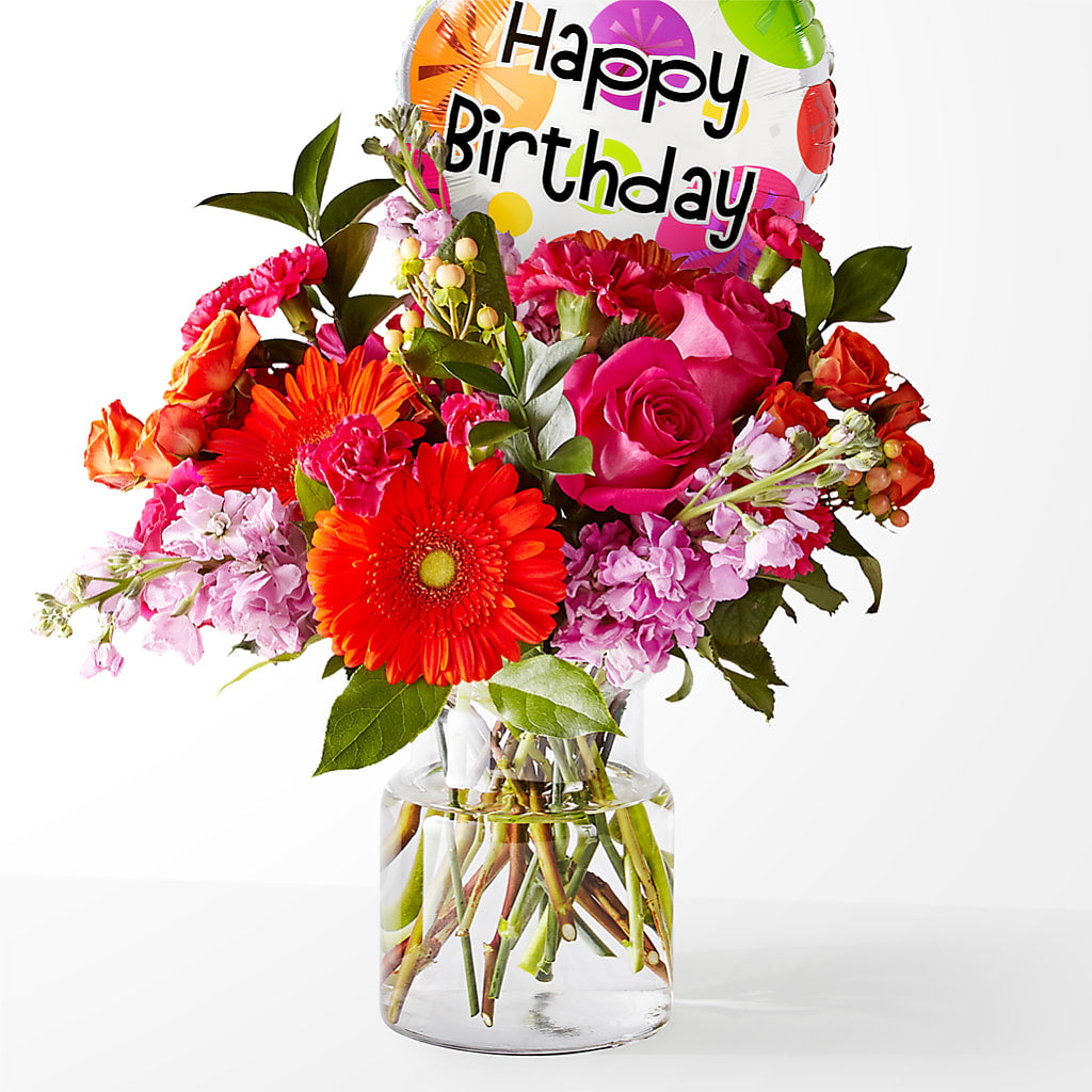 Fiesta Bouquet with Birthday Balloon – Grand Flowers/irish Rose, Novi MI