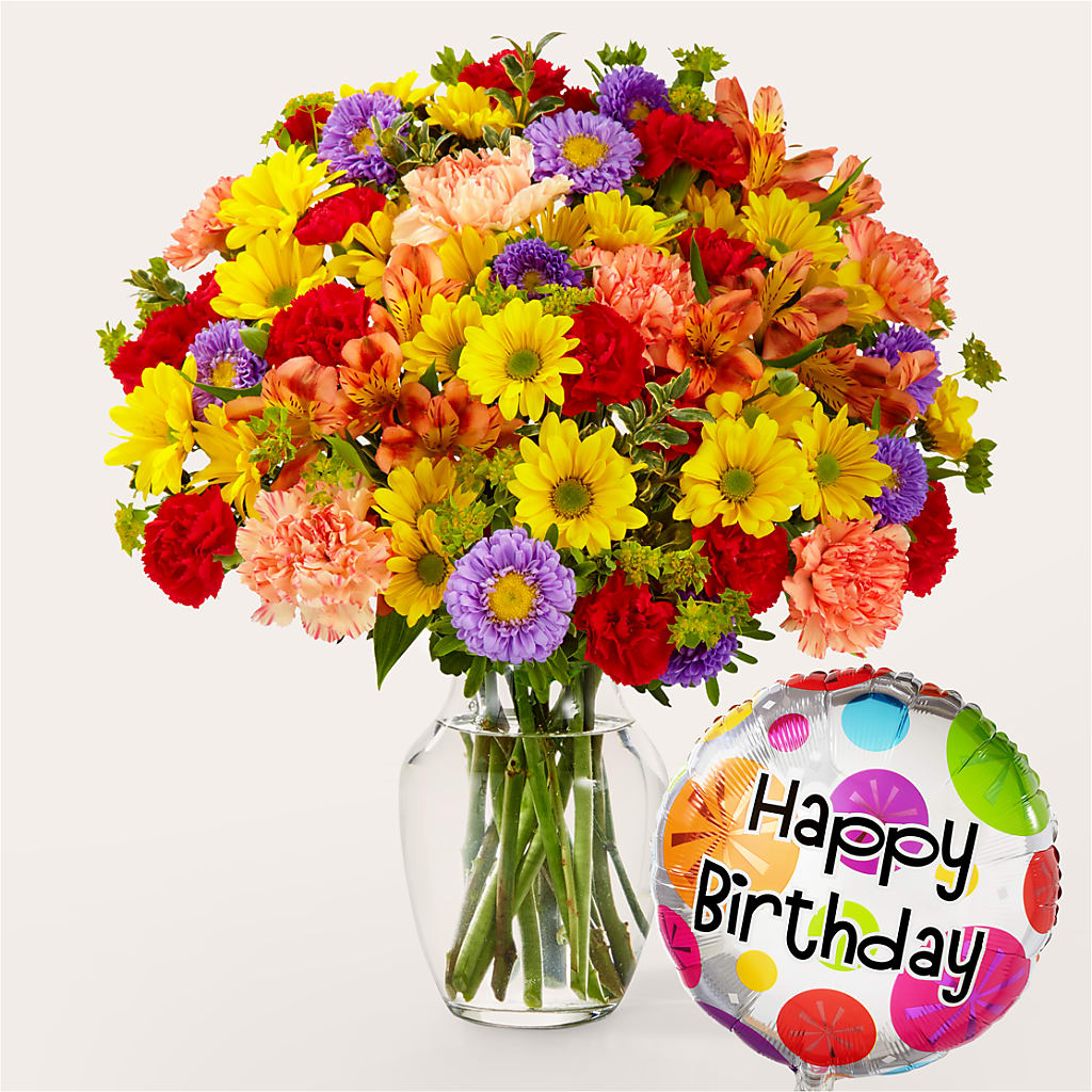 Kaleidoscope Bouquet with Birthday Balloon – Grand Flowers/irish Rose, Novi MI