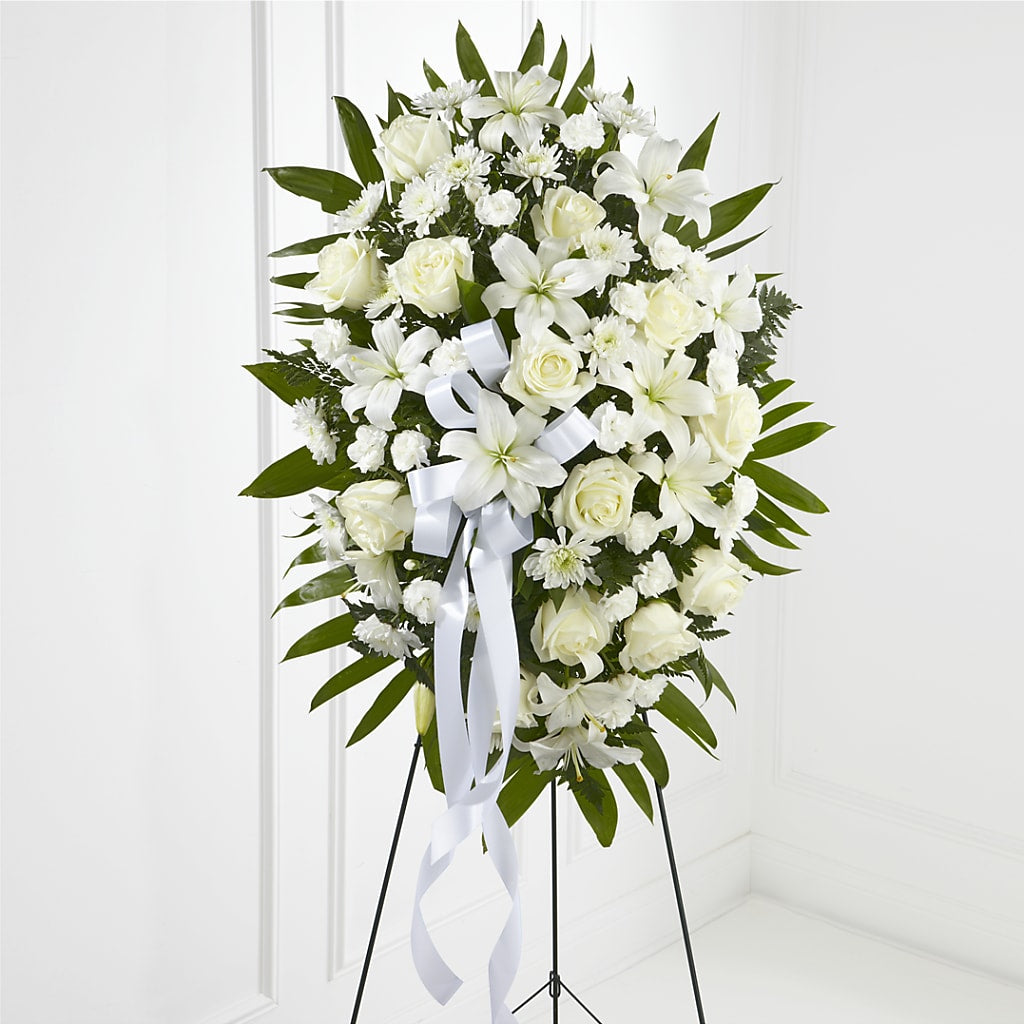 Exquisite Tribute Standing Spray-White Ribbon – Grand Flowers/irish Rose, Novi MI