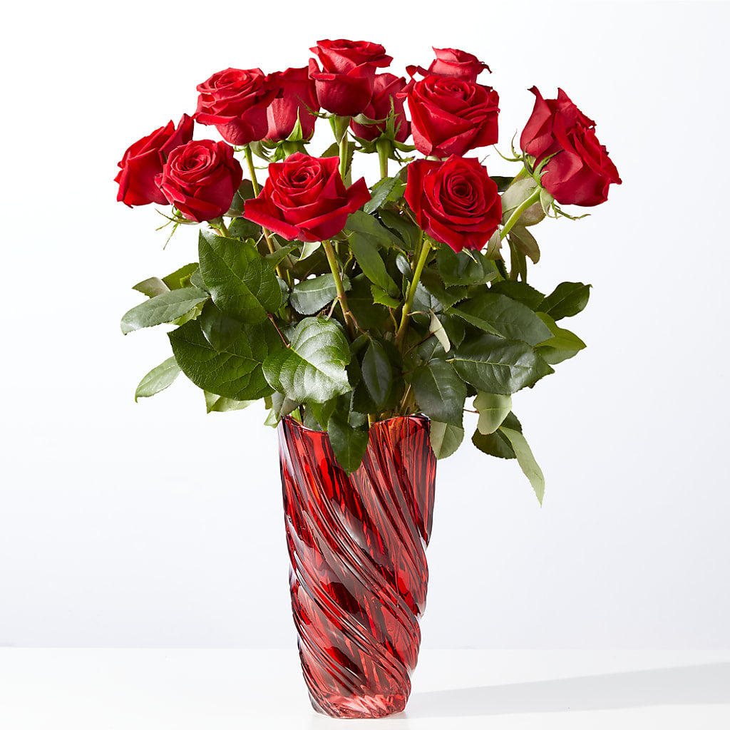 Classic Love Red Rose Bouquet with Luxe Swirl Vase – Grand Flowers/irish Rose, Novi MI